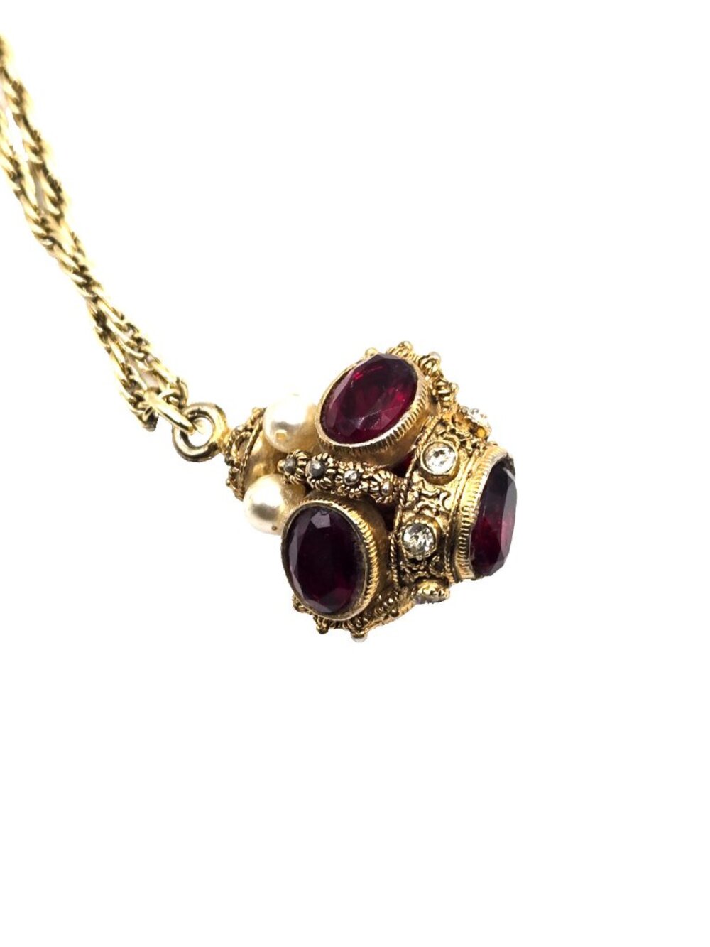 Vintage Renaissance Revival Crown Jewel Necklace Ruby Red Cabochons Pearls